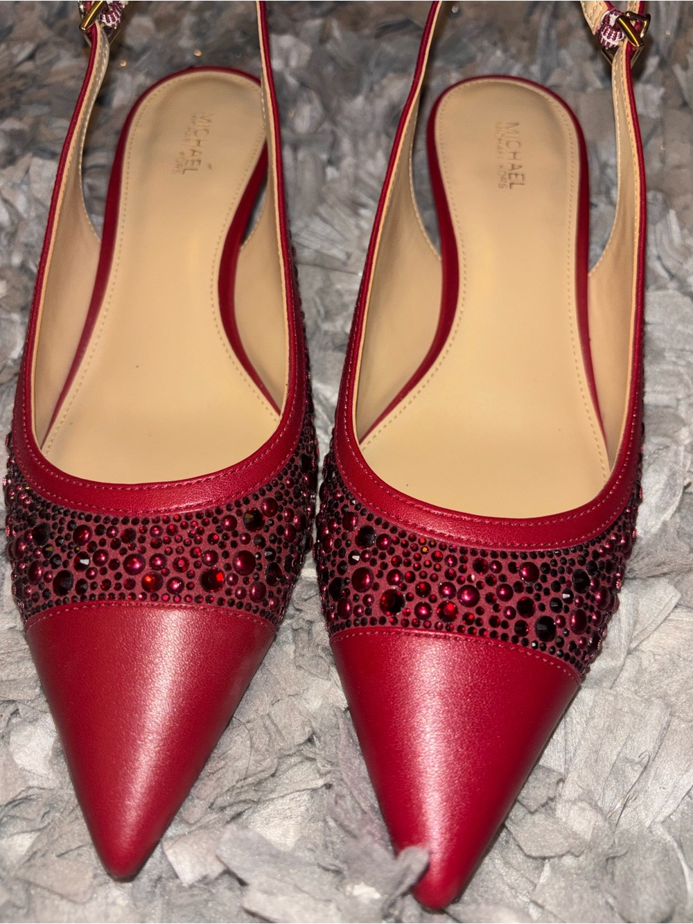 Michael Kors Red Pointed-Toe Slingback heels with Crystal Embellishments